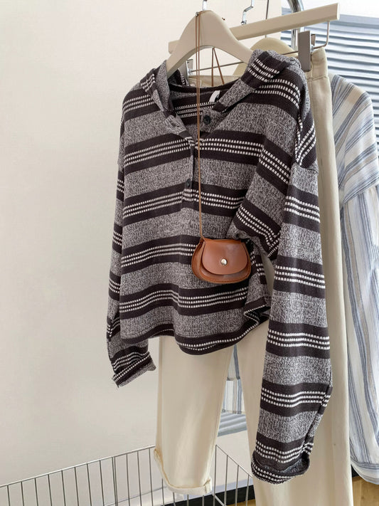 Striped straight shoulder hooded pullover long-sleeved sweater women's early autumn sweater loose knitted top 2025 new