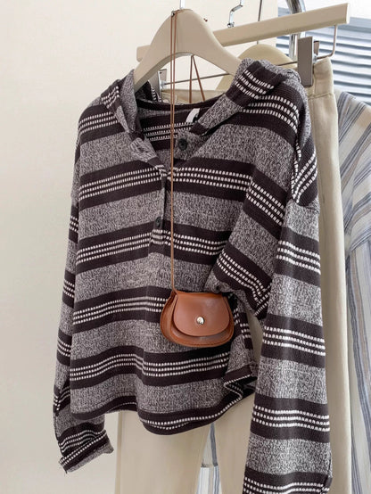 Striped straight shoulder hooded pullover long-sleeved sweater women's early autumn sweater loose knitted top 2025 new