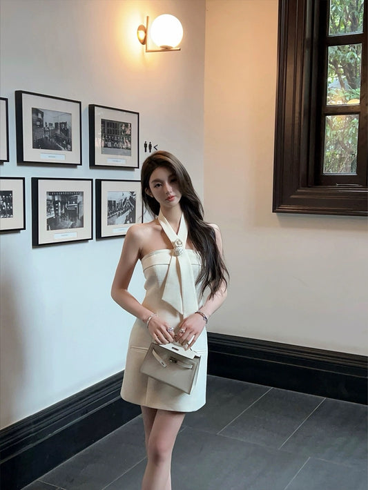 FairyJiang Summer Xiaoxiang white halterneck tube top woolen dress waist slimming short skirt with brooch