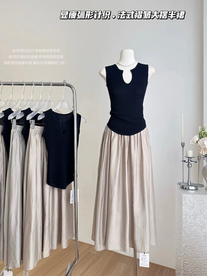 Summer temperament suit skirt women's v-neck irregular knitted vest sleeveless top skirt a-line long skirt two-piece suit
