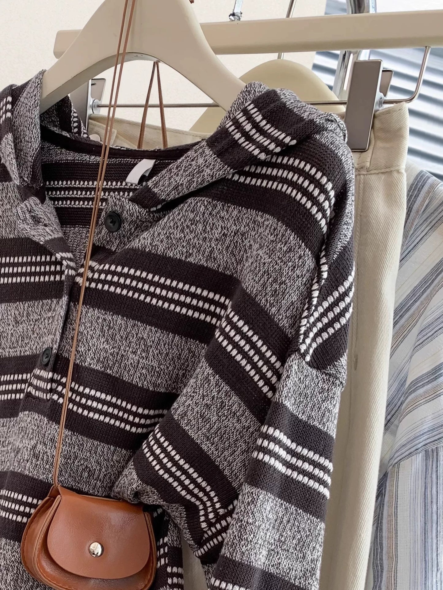 Striped straight shoulder hooded pullover long-sleeved sweater women's early autumn sweater loose knitted top 2025 new