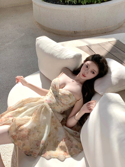 kubiliv [Spring Dream] French Floral Print Tie-Waist Slip Dress - Pure and Alluring Atmosphere