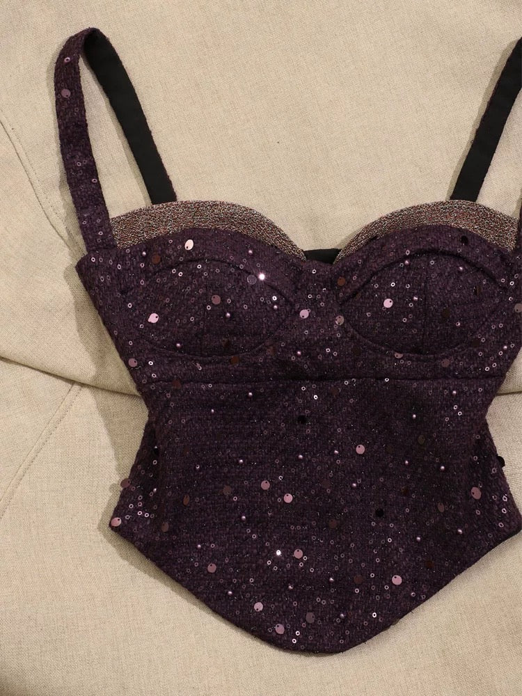 Light luxury celebrity heavy sequin hot girl camisole vest female inner wear high-end purple sexy tube top early spring
