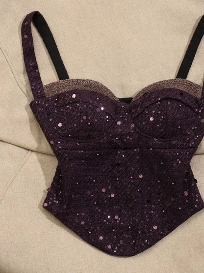 Light luxury celebrity heavy sequin hot girl camisole vest female inner wear high-end purple sexy tube top early spring