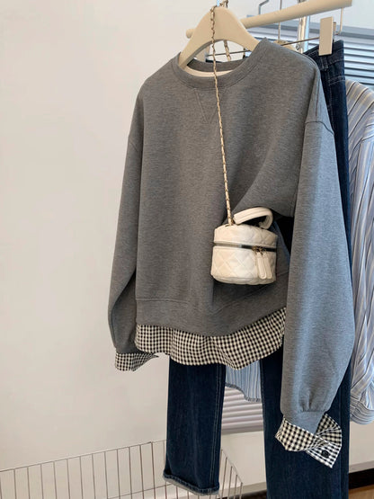Gray fake two-piece round neck pullover sweatshirt women's early autumn design niche hoodless top 2025 new