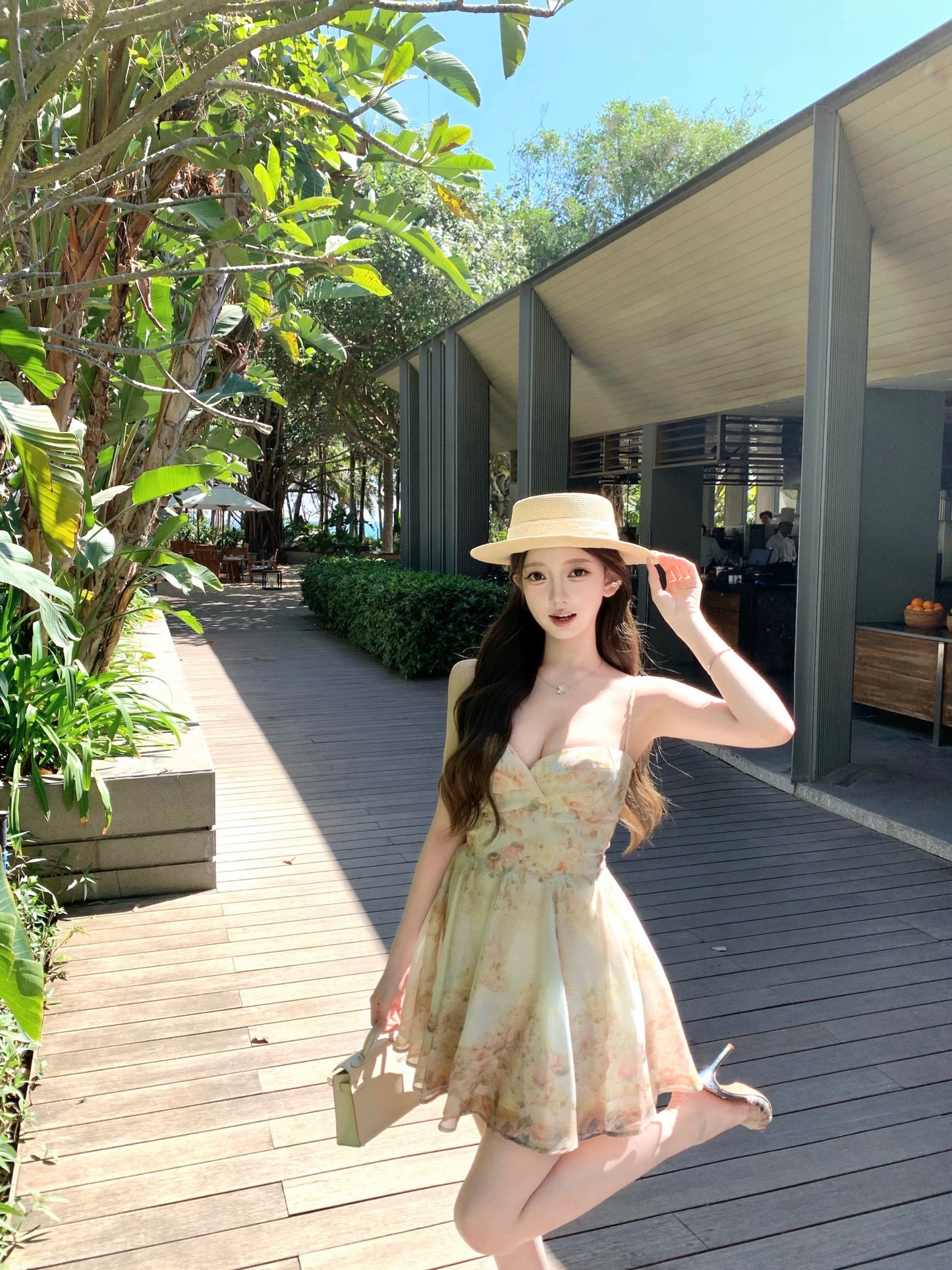 kubiliv [Spring Dream] French Floral Print Tie-Waist Slip Dress - Pure and Alluring Atmosphere