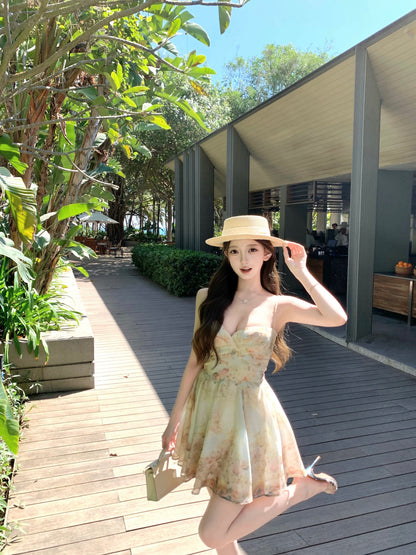 kubiliv [Spring Dream] French Floral Print Tie-Waist Slip Dress - Pure and Alluring Atmosphere