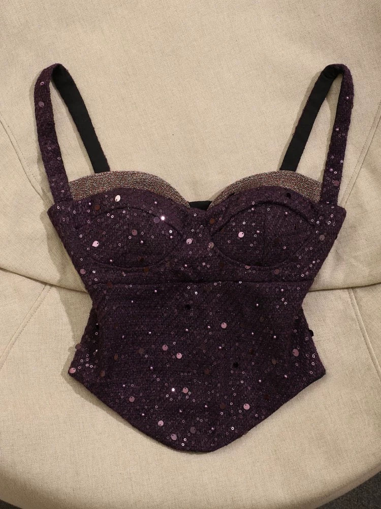 Light luxury celebrity heavy sequin hot girl camisole vest female inner wear high-end purple sexy tube top early spring