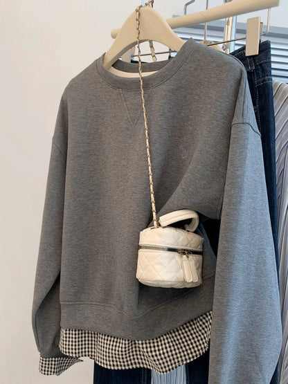 Gray fake two-piece round neck pullover sweatshirt women's early autumn design niche hoodless top 2025 new