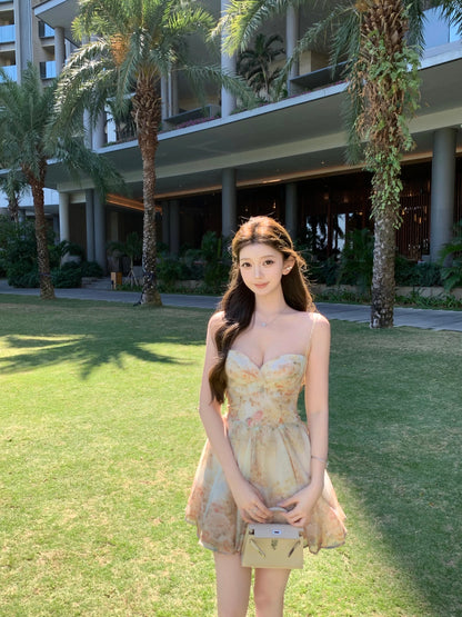 kubiliv [Spring Dream] French Floral Print Tie-Waist Slip Dress - Pure and Alluring Atmosphere