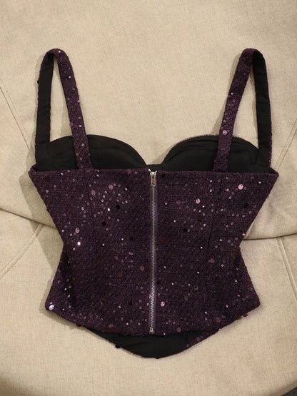 Light luxury celebrity heavy sequin hot girl camisole vest female inner wear high-end purple sexy tube top early spring