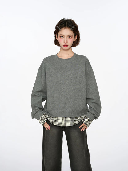 Gray fake two-piece round neck pullover sweatshirt women's early autumn design niche hoodless top 2025 new