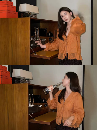 SASA Sweet-Style Radiant Orange V-Neck Lantern-Sleeve Shirt – Spring 2026 Premium Ramie Relaxed-Fit Top