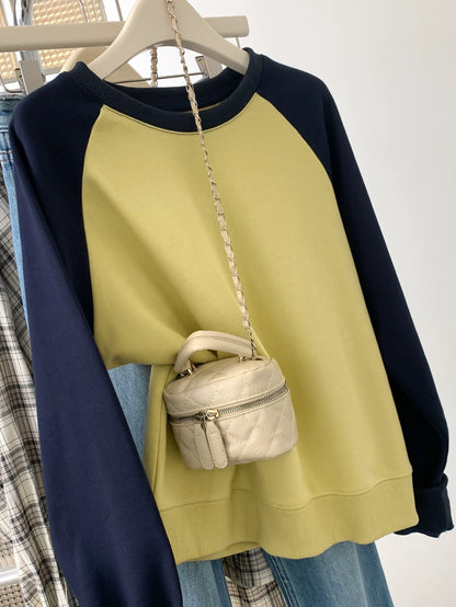 American retro yellow raglan hoodless pullover sweatshirt for women in early autumn design niche round neck straight shoulder top