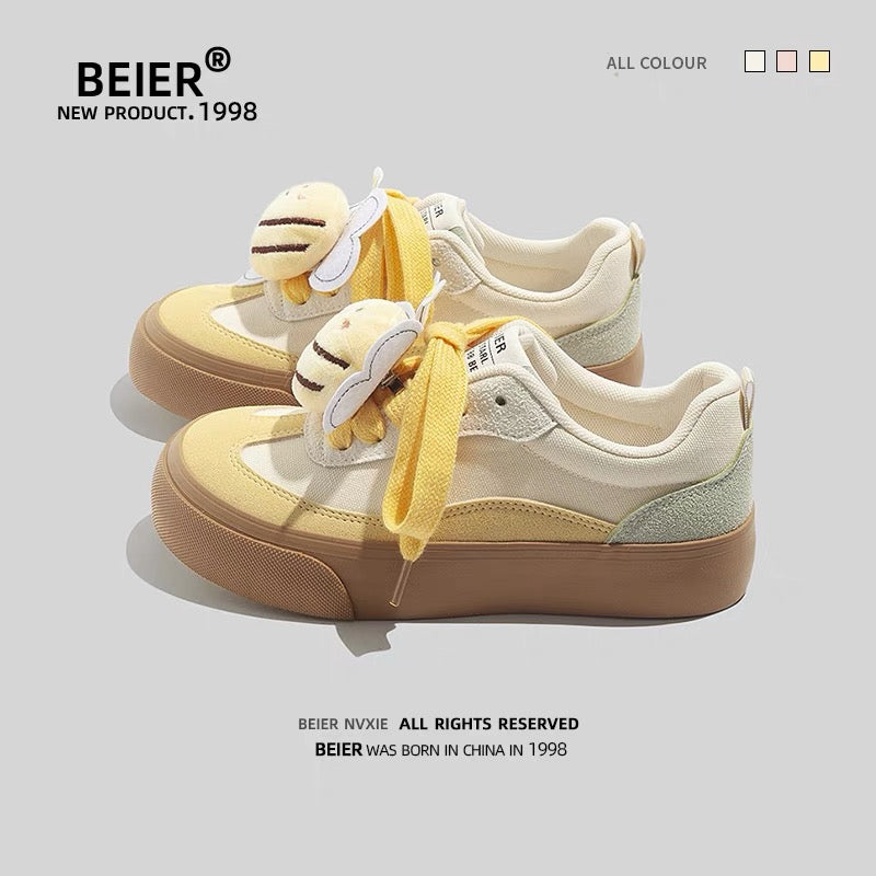 BEIER Dexun Shoes Women's 2024 Summer New Cartoon Bee Cute Women's Shoes Casual Thick Soled Retro Sneakers