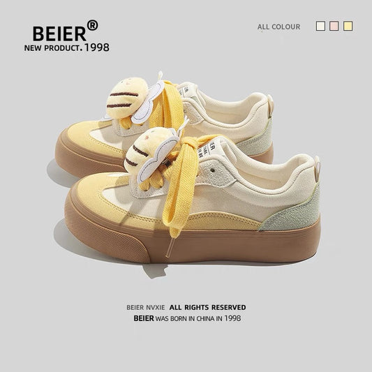 BEIER Dexun Shoes Women's 2024 Summer New Cartoon Bee Cute Women's Shoes Casual Thick Soled Retro Sneakers