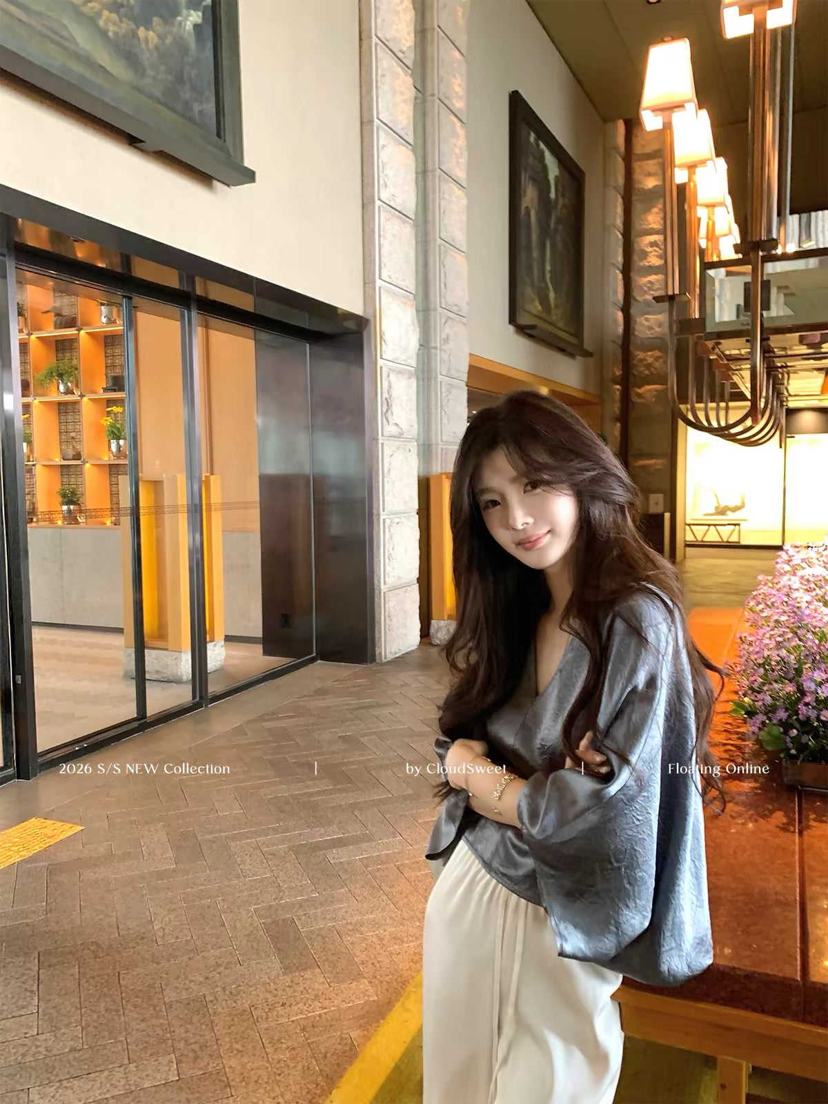 CloudSweet "Quiet Luxury" Shimmering Korean-Style V-Neck Acetate Satin Top – Loose-Fit Tee with an Elegant, Cool-Girl Vibe