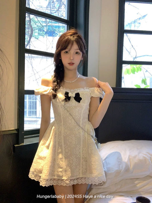 Hungerlababy/24SS niche design western style age-reducing bow white lace tutu skirt dress