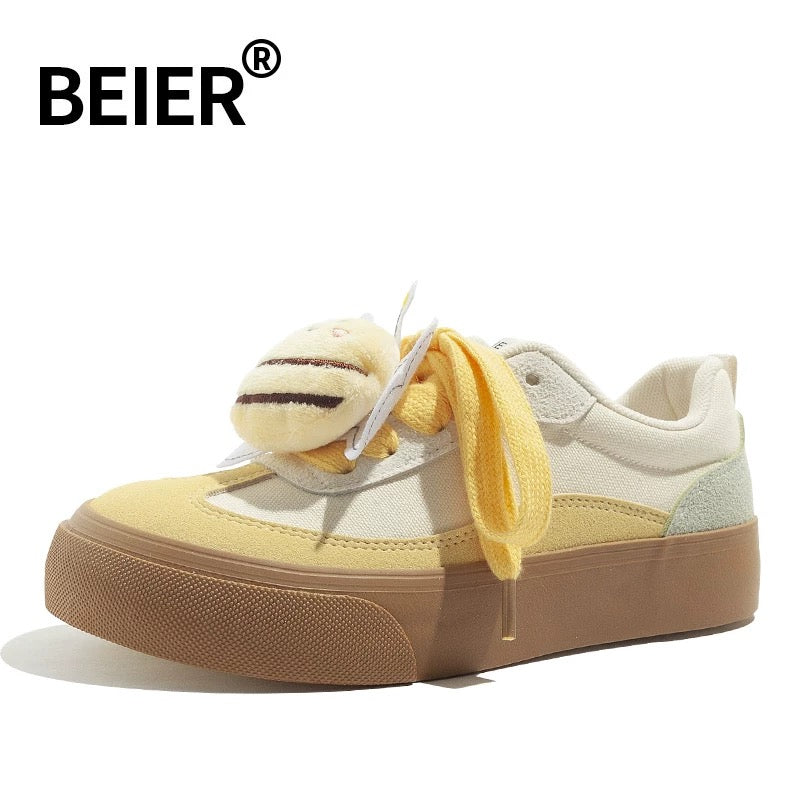 BEIER Dexun Shoes Women's 2024 Summer New Cartoon Bee Cute Women's Shoes Casual Thick Soled Retro Sneakers
