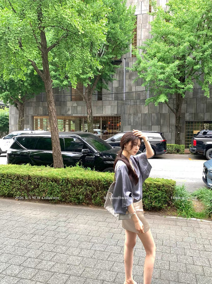 CloudSweet "Quiet Luxury" Shimmering Korean-Style V-Neck Acetate Satin Top – Loose-Fit Tee with an Elegant, Cool-Girl Vibe