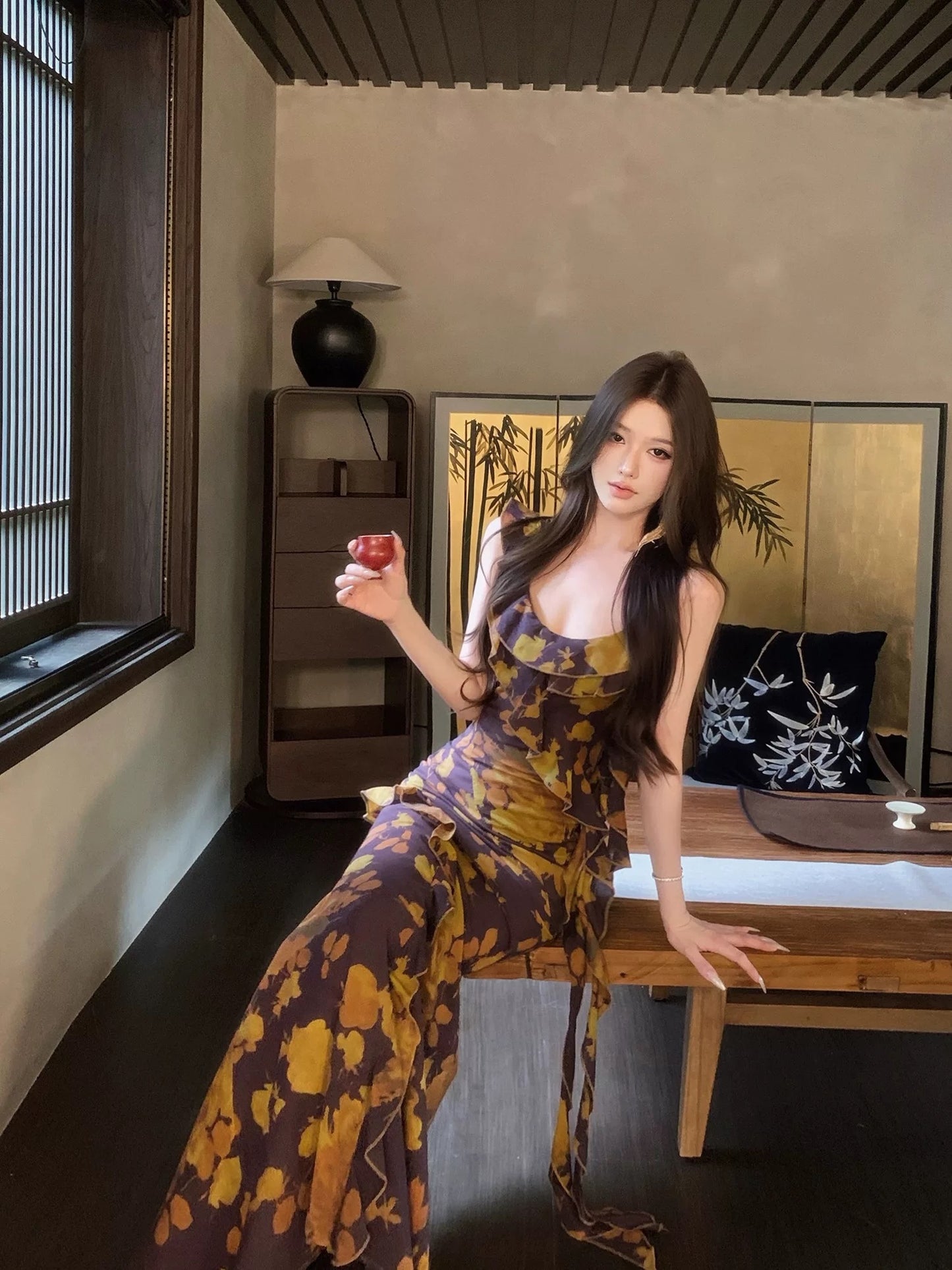 JAYKY YANG 【Tricolor】Printed Ruffled Irregular Spaghetti Strap Dress with Waist-cinching Ribbon Fishtail Maxi Skirt