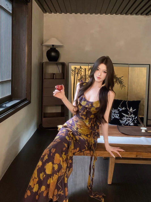 JAYKY YANG 【Tricolor】Printed Ruffled Irregular Spaghetti Strap Dress with Waist-cinching Ribbon Fishtail Maxi Skirt
