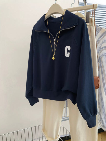 Early Autumn American Navy Blue Lapel Half Zipper Sweatshirt Women's Autumn and Winter Loose Lazy Style Small Size Pullover Top