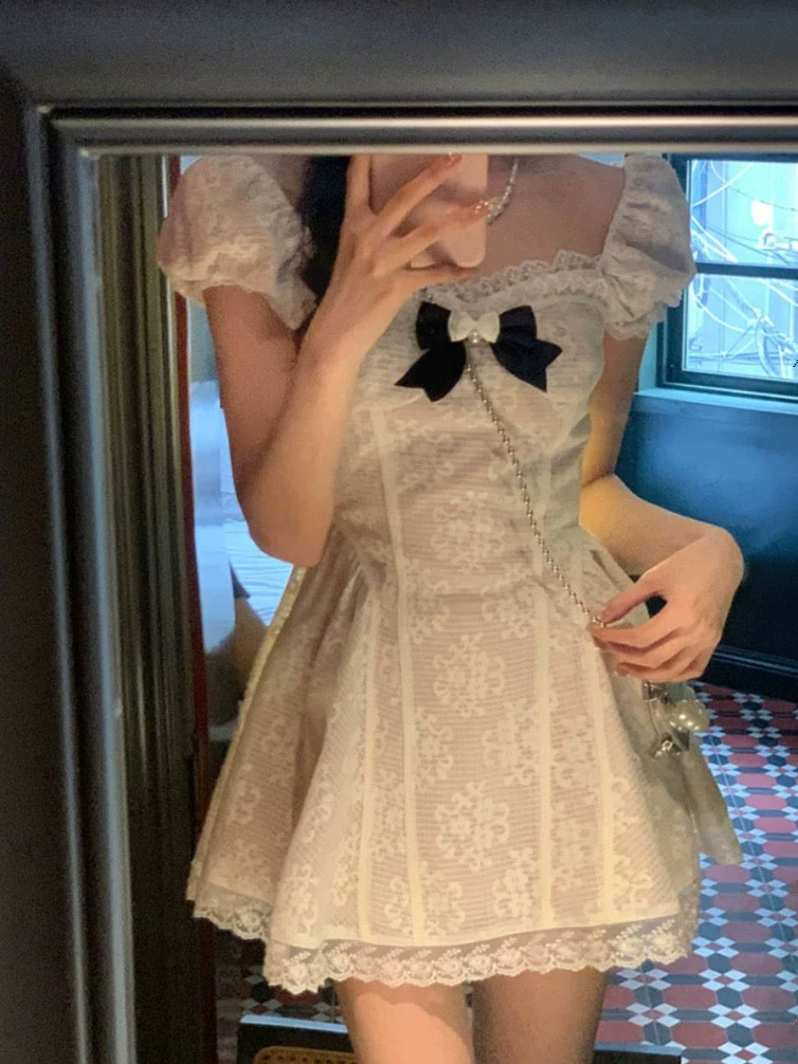 Hungerlababy/24SS niche design western style age-reducing bow white lace tutu skirt dress