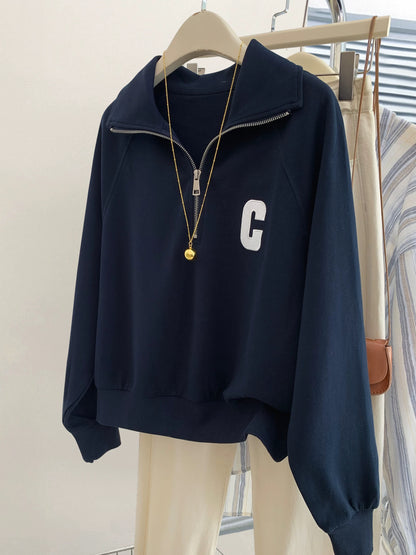 Early Autumn American Navy Blue Lapel Half Zipper Sweatshirt Women's Autumn and Winter Loose Lazy Style Small Size Pullover Top