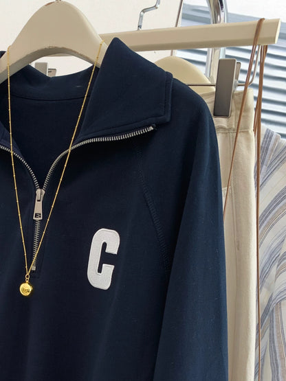 Early Autumn American Navy Blue Lapel Half Zipper Sweatshirt Women's Autumn and Winter Loose Lazy Style Small Size Pullover Top