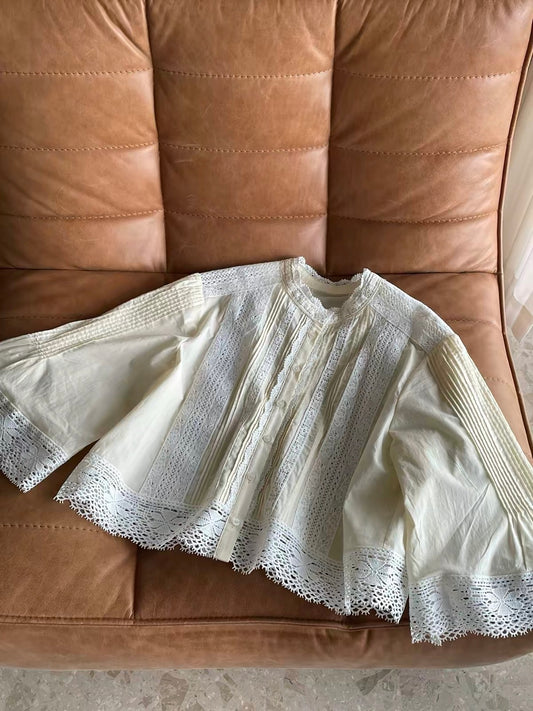 Women's Summer Long-Sleeve Shirt: Color-Block, Cut-Out, Crochet & Embroidery Details; Hand-Pleated Round-Neck Top