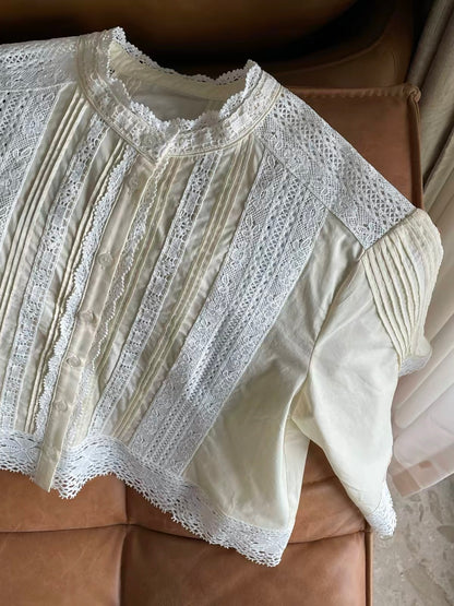 Women's Summer Long-Sleeve Shirt: Color-Block, Cut-Out, Crochet & Embroidery Details; Hand-Pleated Round-Neck Top
