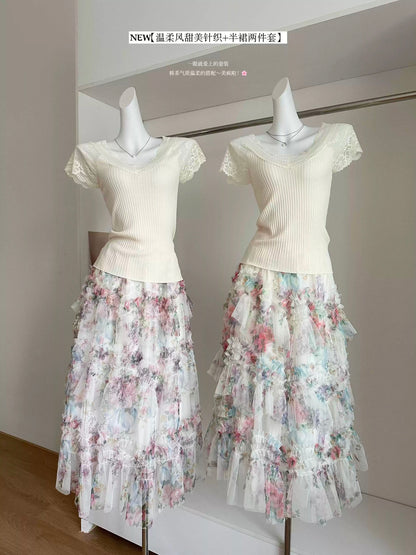 Duolaimei Summer Fashion New Light Luxury Lace Splicing Short Sleeve Knitted Sweater + Flower Fairy Cake Gauze Skirt Set