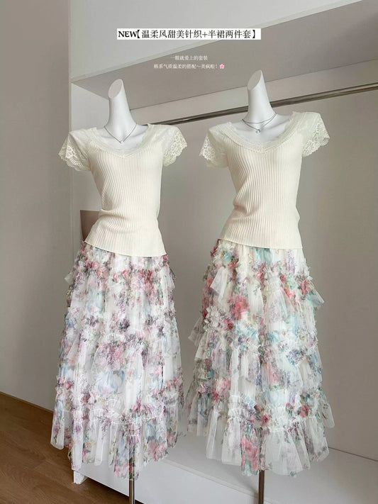 Duolaimei Summer Fashion New Light Luxury Lace Splicing Short Sleeve Knitted Sweater + Flower Fairy Cake Gauze Skirt Set