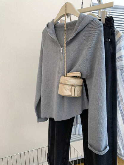 Gray half-zip hooded sweater for women 2025 autumn design lazy style loose knitted sweater pullover top