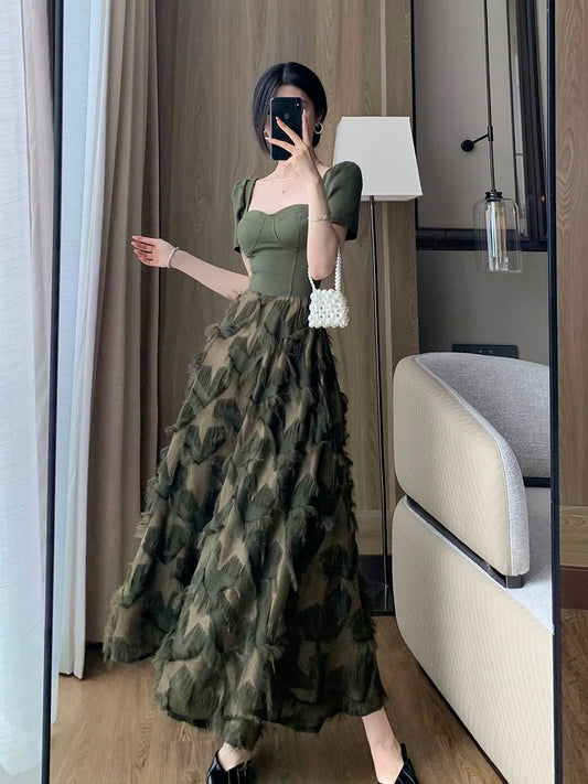 FT GUOGE square neck dress 2024 summer new style high-end temperament goddess style splicing fake two-piece skirt