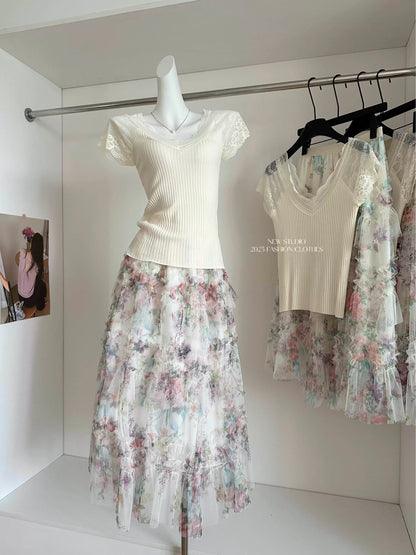 Duolaimei Summer Fashion New Light Luxury Lace Splicing Short Sleeve Knitted Sweater + Flower Fairy Cake Gauze Skirt Set