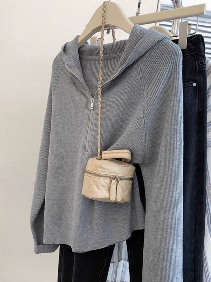 Gray half-zip hooded sweater for women 2025 autumn design lazy style loose knitted sweater pullover top