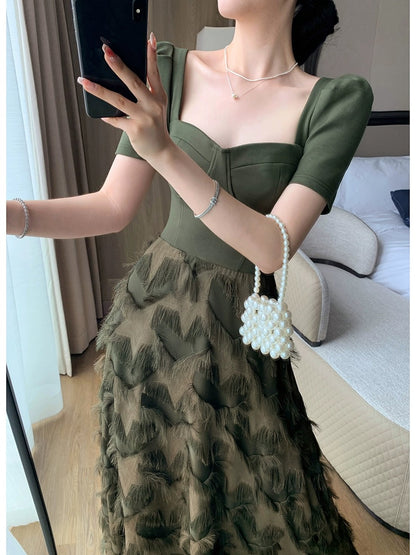 FT GUOGE square neck dress 2024 summer new style high-end temperament goddess style splicing fake two-piece skirt
