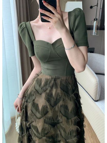 FT GUOGE square neck dress 2024 summer new style high-end temperament goddess style splicing fake two-piece skirt