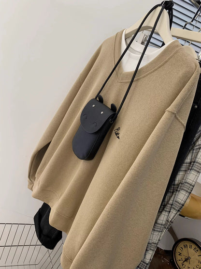 American retro v-neck pullover hoodless sweatshirt women's early autumn oversize lazy style long sleeve 2025 new