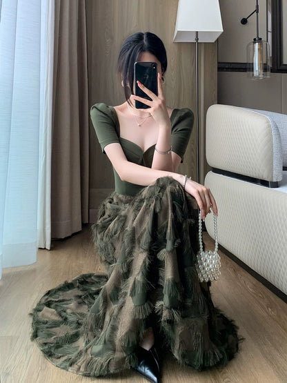 FT GUOGE square neck dress 2024 summer new style high-end temperament goddess style splicing fake two-piece skirt