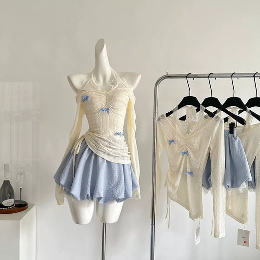 Youni homemade light brand ice blue spring and summer sweet slimming halter neck fake two-piece top skirt suit