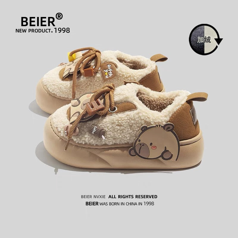 BEIER lamb wool shoes plus velvet warm cotton slippers for women 2024 winter niche original platform sole two cotton shoes