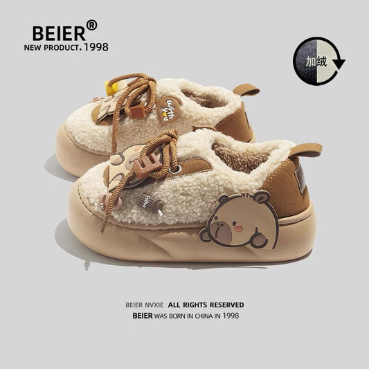 BEIER lamb wool shoes plus velvet warm cotton slippers for women 2024 winter niche original platform sole two cotton shoes