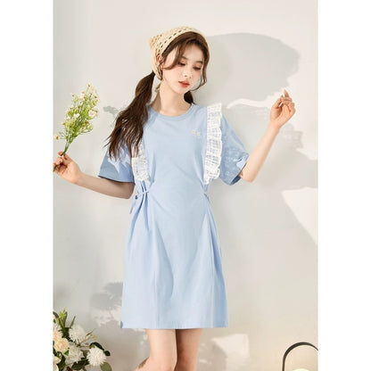 Tangshi blue short-sleeved dress for women summer new style waist skirt round neck splicing contrasting lace small fresh e2