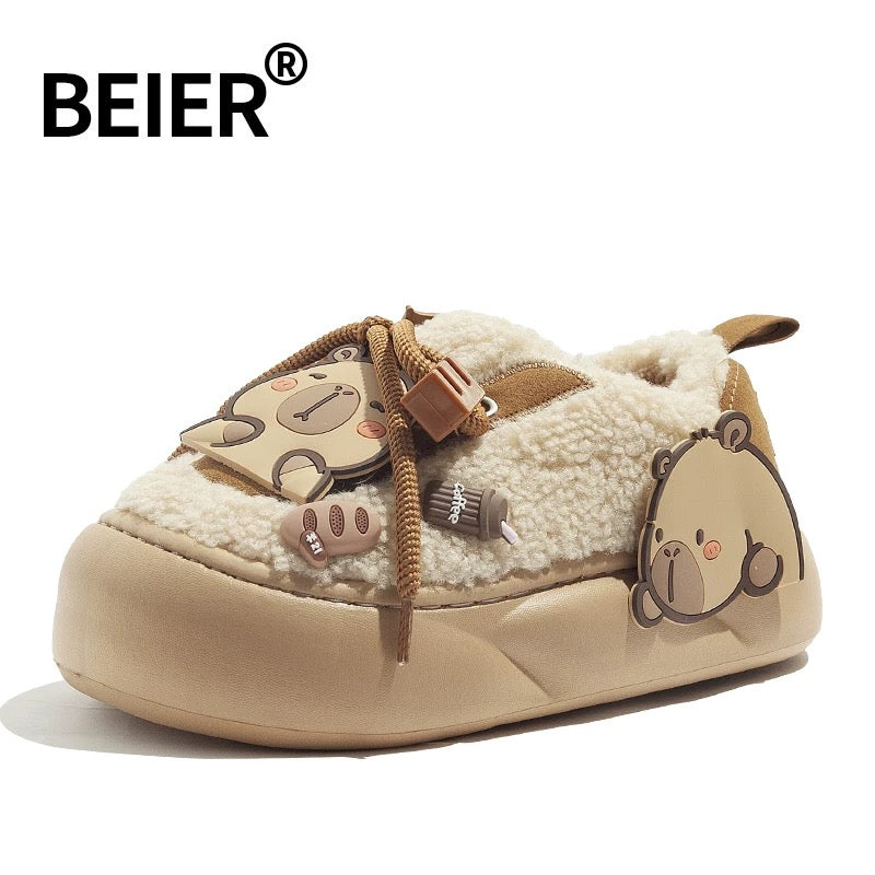 BEIER lamb wool shoes plus velvet warm cotton slippers for women 2024 winter niche original platform sole two cotton shoes