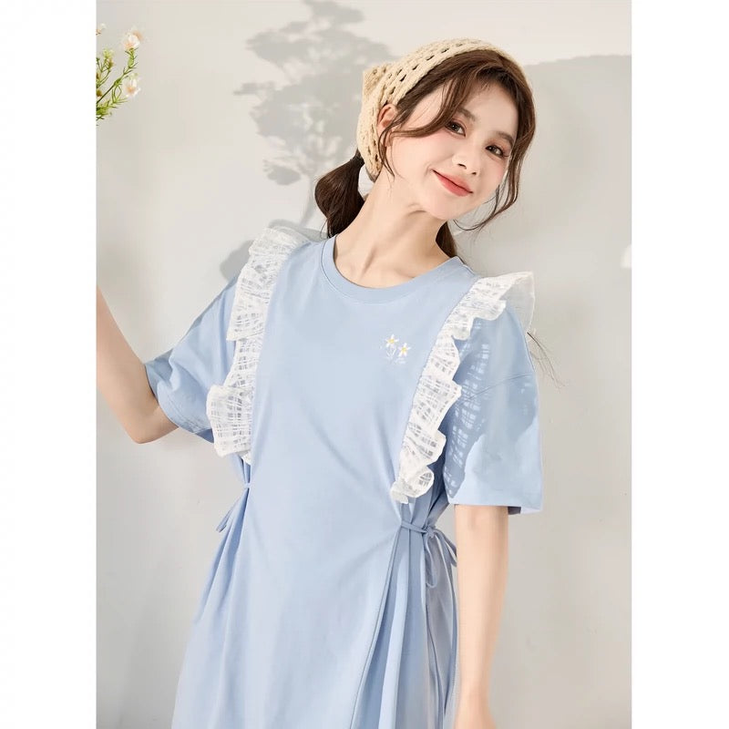 Tangshi blue short-sleeved dress for women summer new style waist skirt round neck splicing contrasting lace small fresh e2