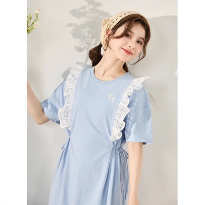 Tangshi blue short-sleeved dress for women summer new style waist skirt round neck splicing contrasting lace small fresh e2