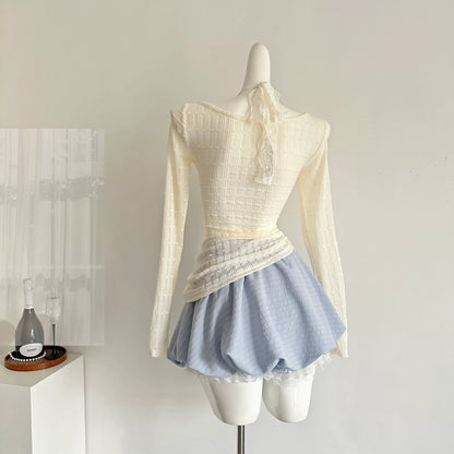 Youni homemade light brand ice blue spring and summer sweet slimming halter neck fake two-piece top skirt suit